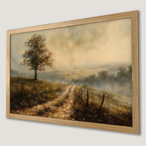 Framed Poster of a serene landscape painting. Featuring a tree, dirt road, and fence, with a warm, earthy color palette. Perfect wall art!
