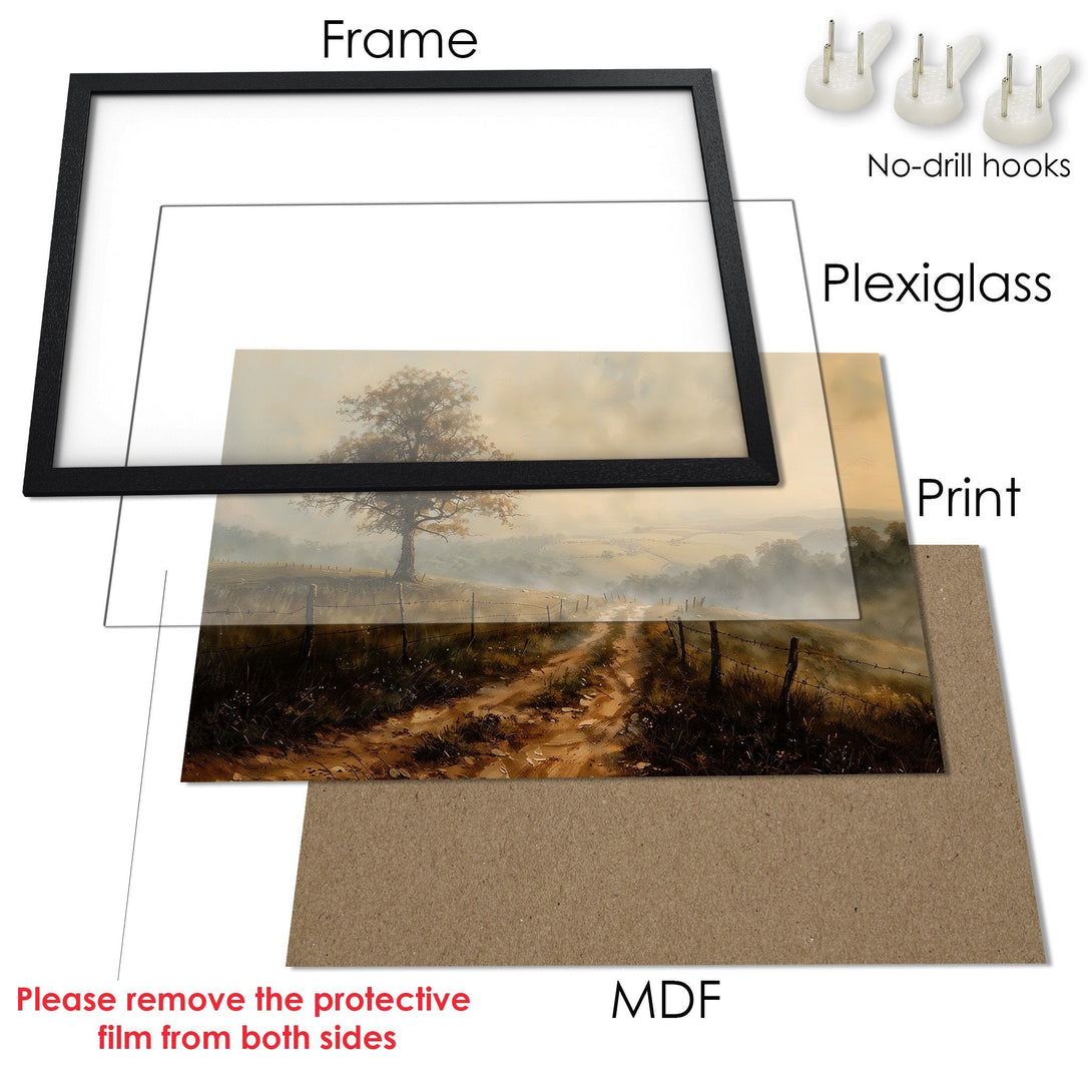 Framed Poster of a serene landscape with a tree, in a warm, earthy color palette. Perfect wall art for your home!