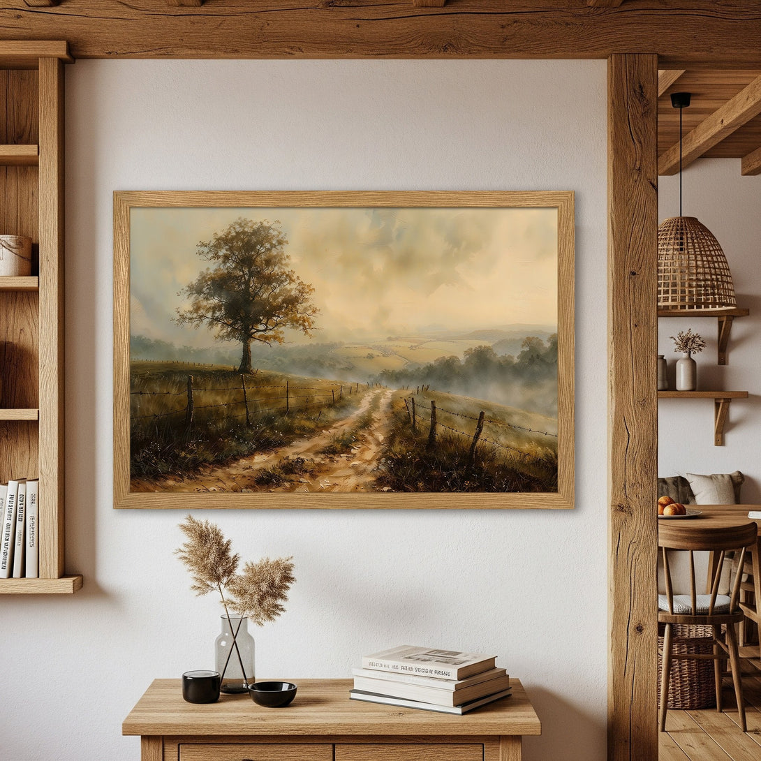 Framed Poster featuring a serene landscape painting in warm, earthy tones. Perfect wall art for a cozy home.