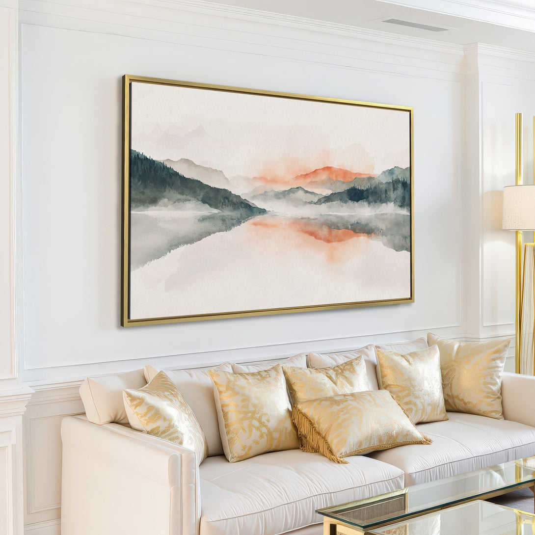 Canvas Print of a serene watercolor landscape in a neutral color palette, perfect for adding a touch of calm to your living room.