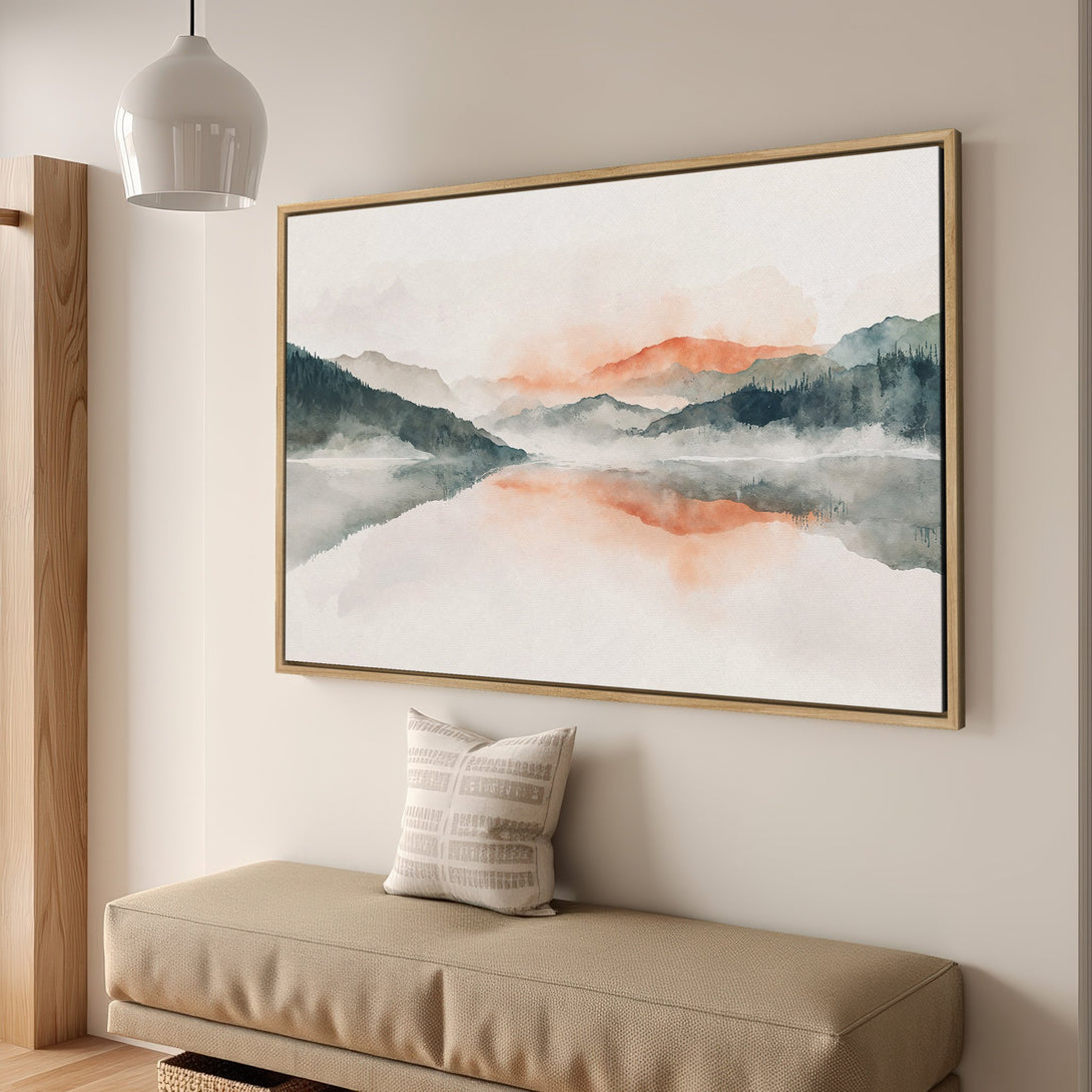 Framed Wall Art featuring a watercolor landscape of mountains and water in a serene, muted color palette of greens, oranges, and grays. Perfect for home decor.