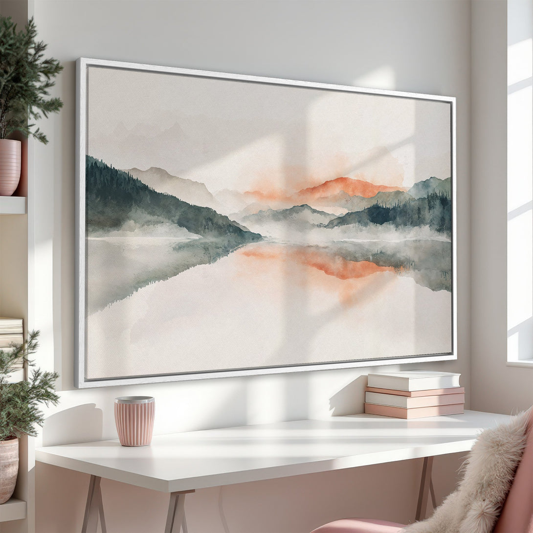 Framed Wall Art: Watercolor landscape Canvas Print with mountains in muted green, orange, and gray tones. Perfect for adding a touch of serenity to your space.