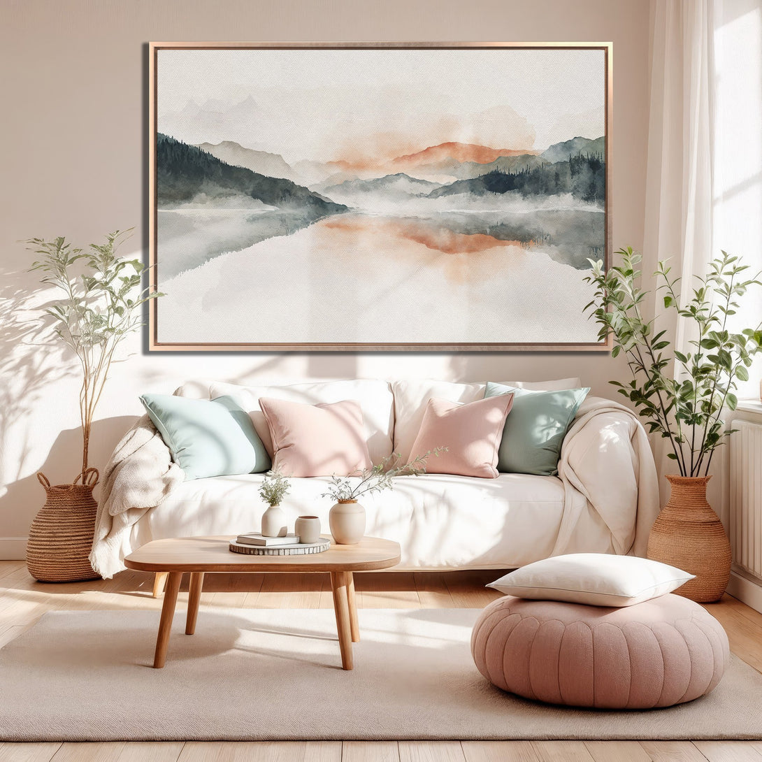 Framed Wall Art: Watercolor landscape canvas print in serene neutral tones, perfect for living room decor. Add a touch of tranquility to your space!