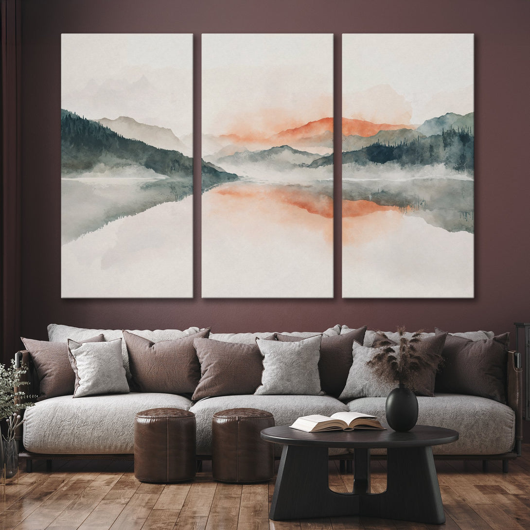 Watercolor mountain Canvas Print in a warm, neutral color palette. Modern wall art for a cozy living room. Shop now!