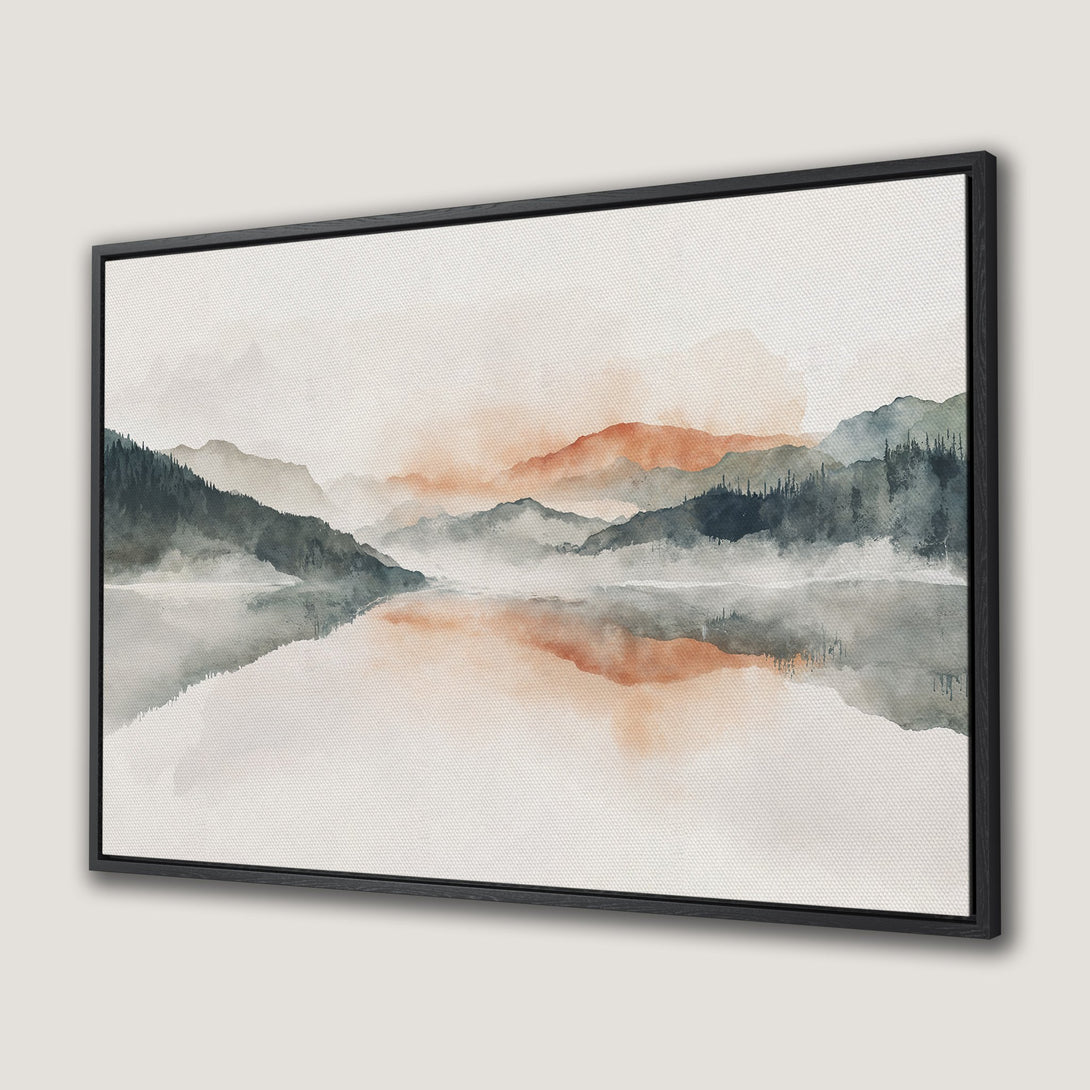 Framed Wall Art Canvas Print of a serene watercolor landscape with mountains and lake, featuring a muted color palette of greens, oranges, and grays.