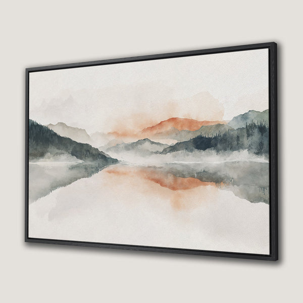 Framed Wall Art Canvas Print of a serene watercolor landscape with mountains and lake, featuring a muted color palette of greens, oranges, and grays.