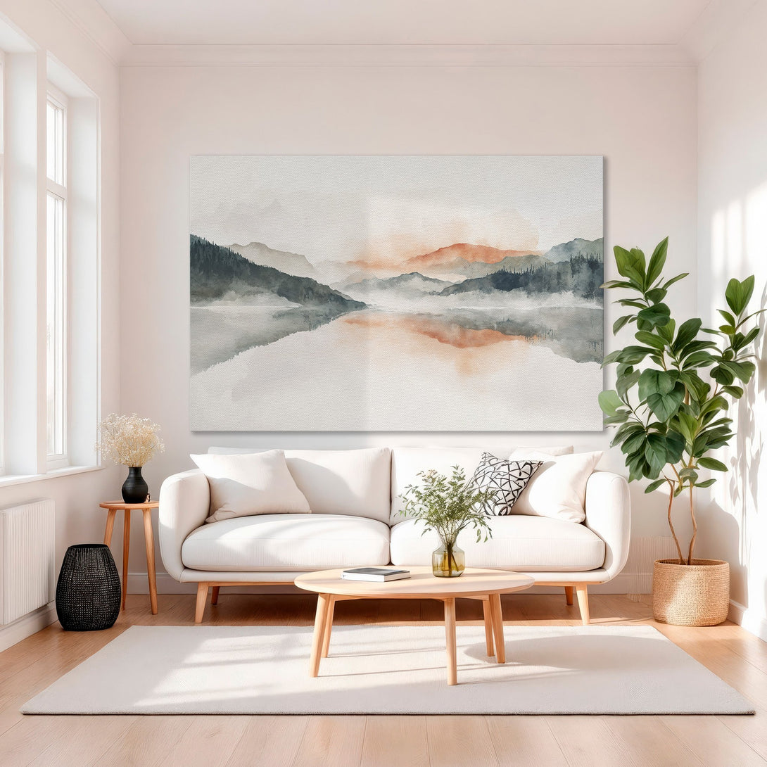Framed Wall Art featuring a serene watercolor landscape in muted greens, oranges, and grays. Perfect for adding a touch of elegance and tranquility to any space.