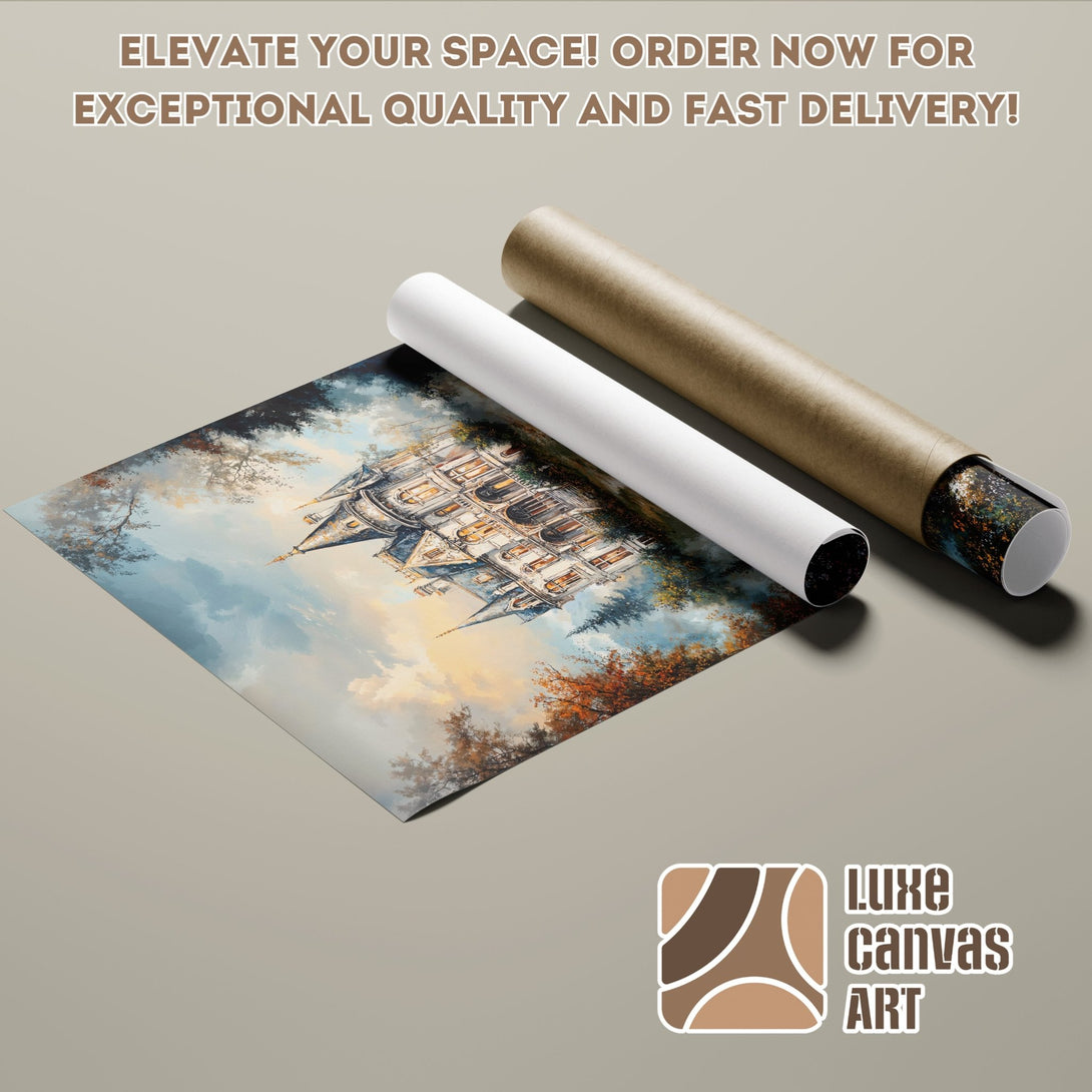 Poster Roll featuring a castle painting in a classic style with a warm, natural color palette. Elevate your space!