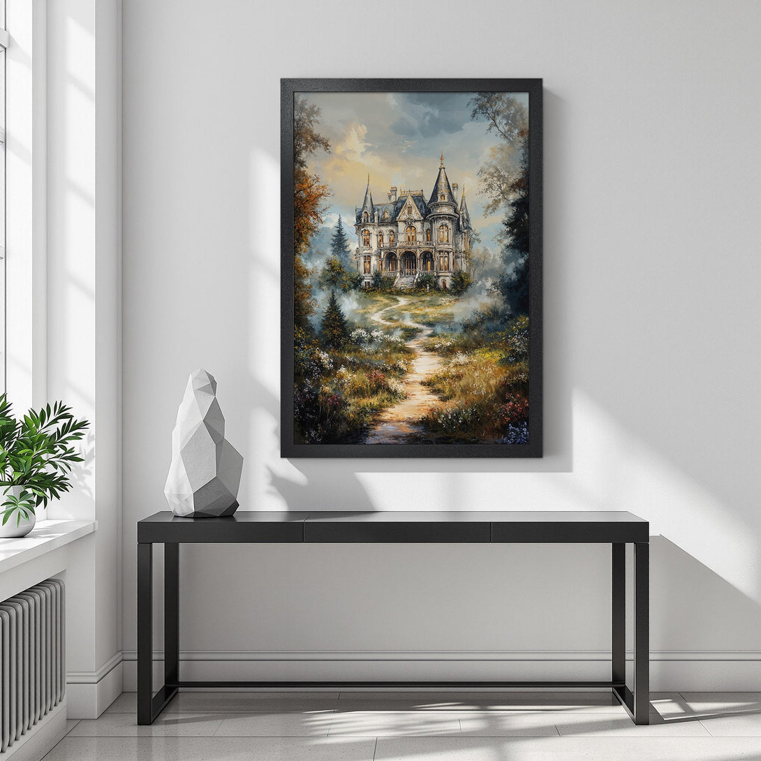 Framed Poster featuring a majestic castle in a painterly style with a warm, earthy color palette. Perfect wall art for any space!