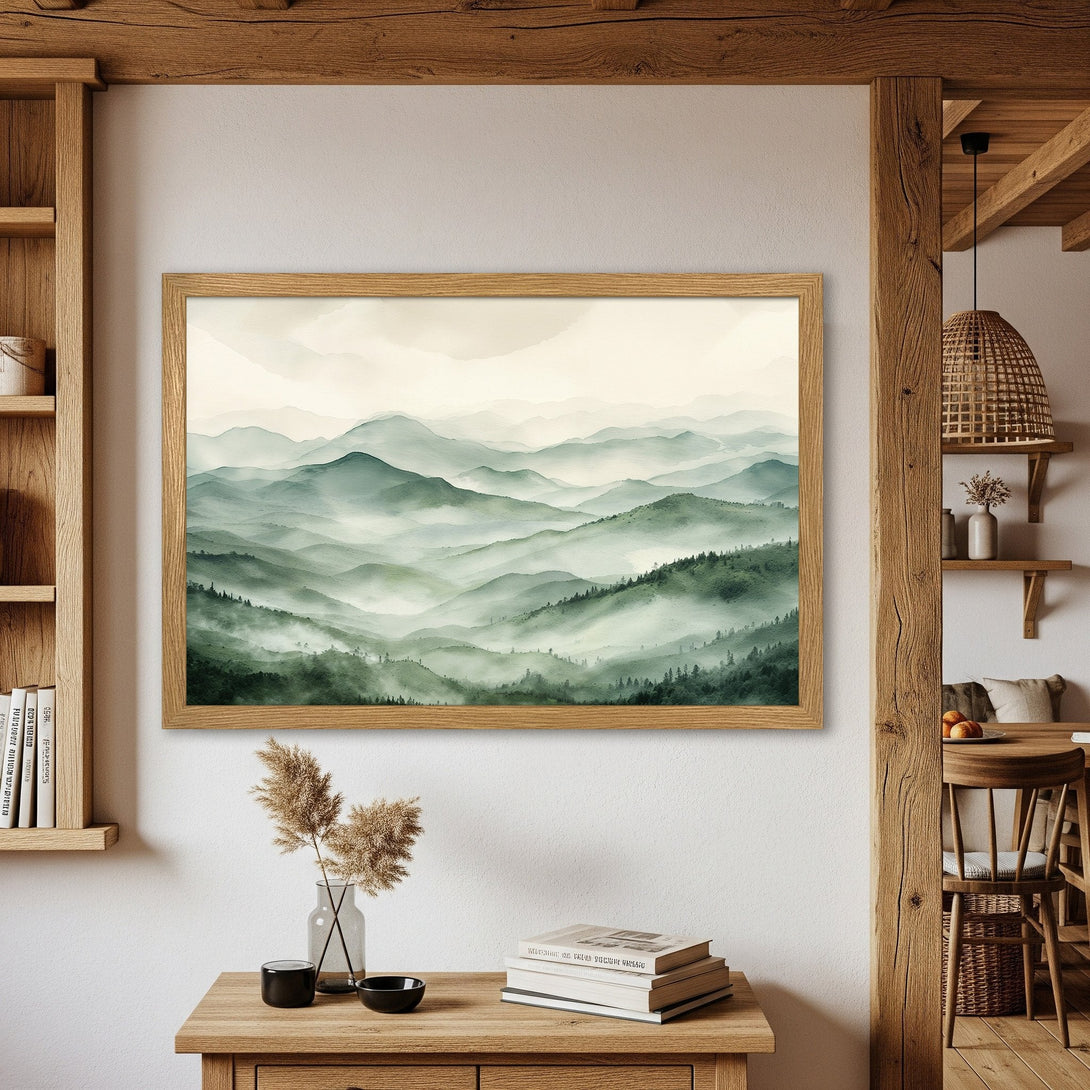 Framed Poster of misty mountain landscape in green and neutral tones. Perfect wall art for a serene home.