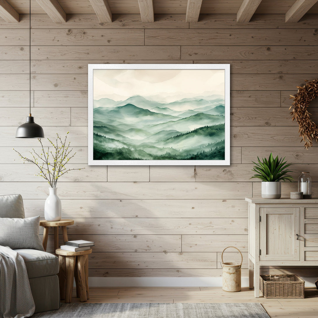 Framed Poster of misty mountain landscape in watercolor style, green & beige color palette. Perfect wall art for your home.