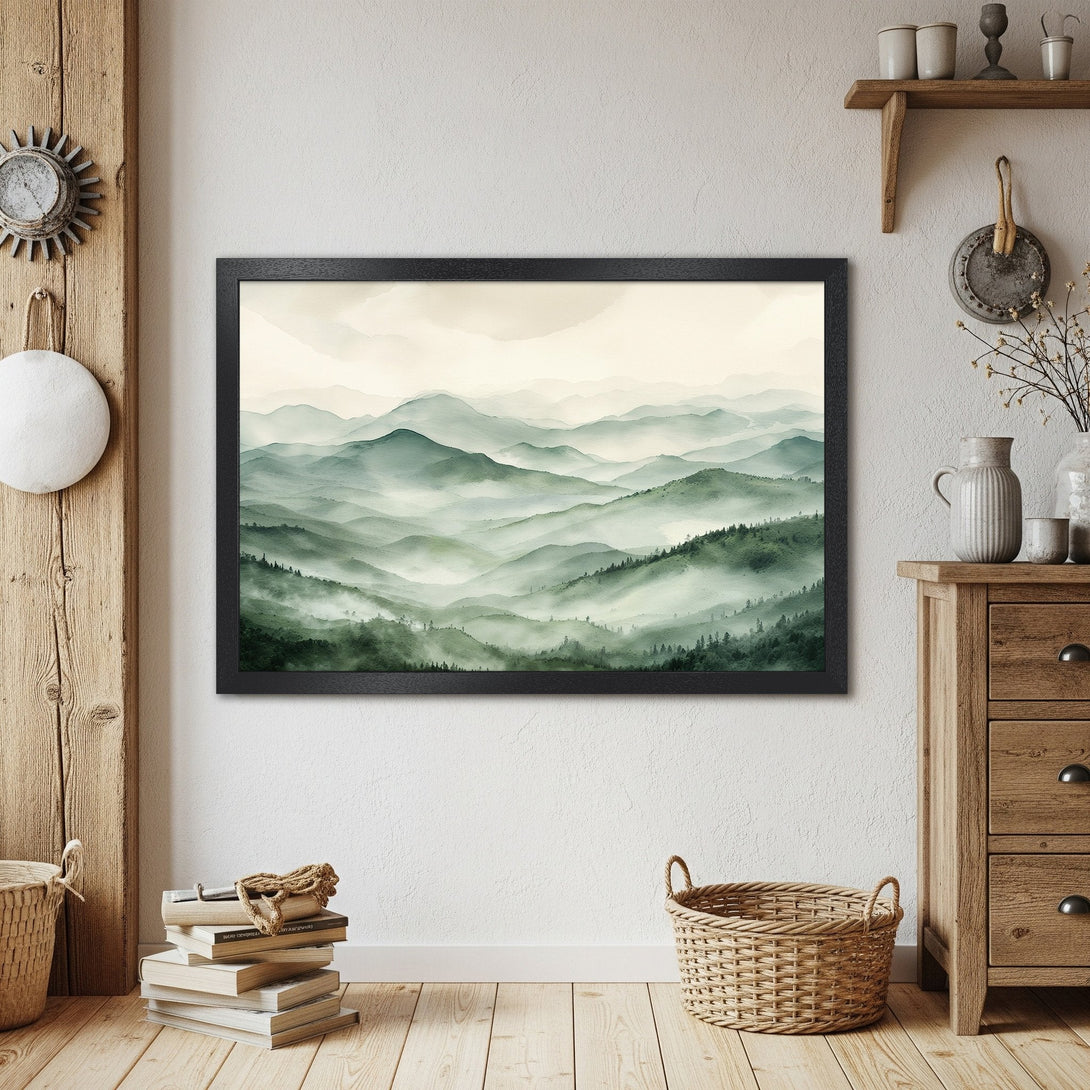 Framed Poster of misty mountain landscape in green and beige watercolor style. Perfect wall art for a calming space.