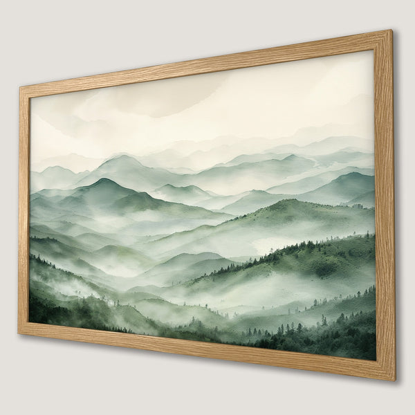 Framed Poster of serene mountain landscape art, watercolor style with a calming green and beige color palette. Perfect for home decor.