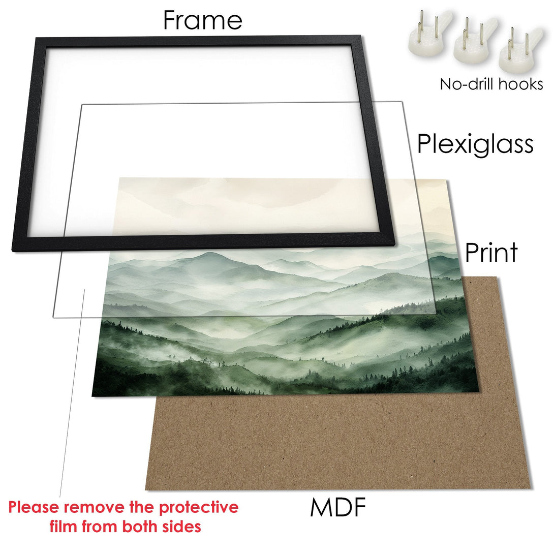 Framed Poster of a misty mountain landscape. Serene, watercolor style with green and beige tones. Ready to hang!