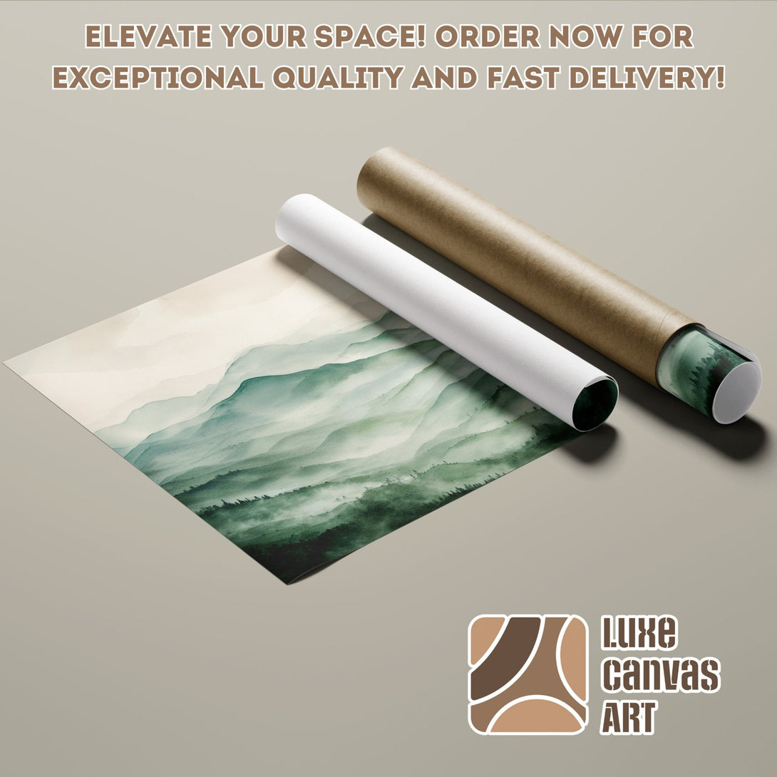 Watercolor landscape poster roll in green and neutral tones. Elevate your space with art!