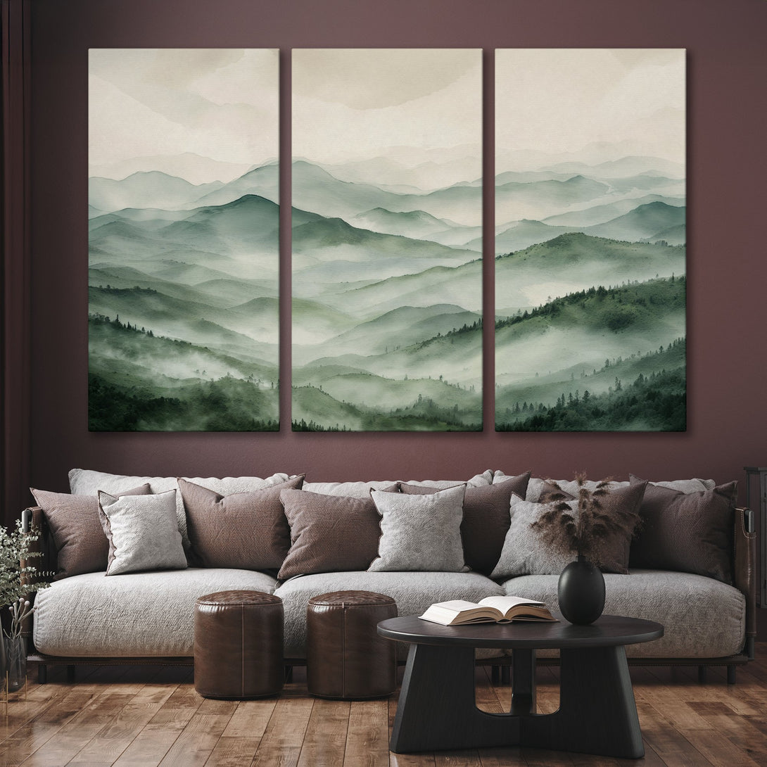 Canvas Print of serene mountain landscape in watercolor style, featuring a calming green and beige color palette. Perfect for modern home decor!