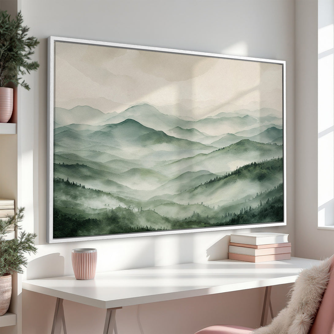 Framed Wall Art: Serene watercolor mountain landscape in calming green and beige tones. Perfect for adding a touch of nature to your home decor.