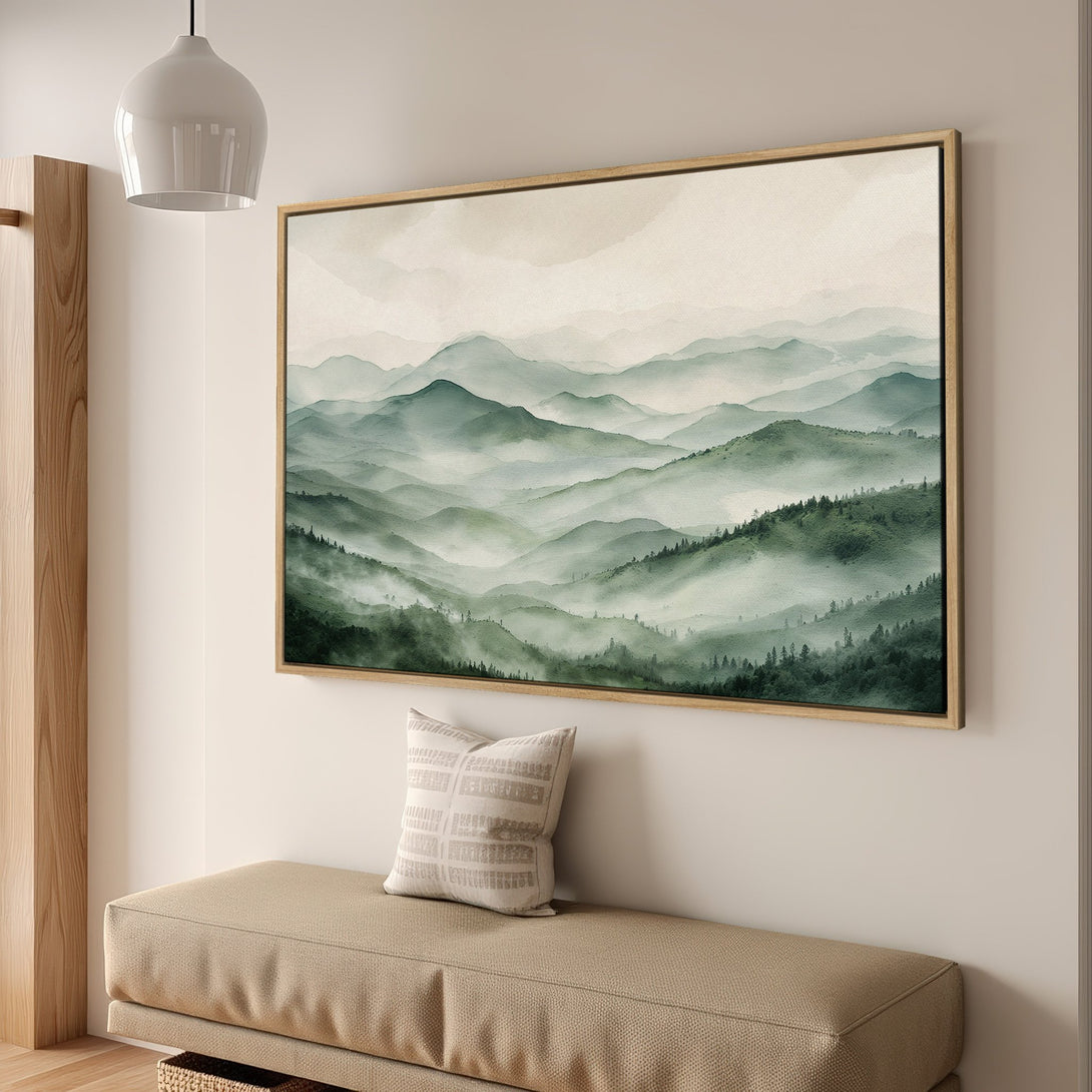 Framed Wall Art of serene watercolor mountain landscape in green and beige tones. Perfect for adding a touch of nature to your home decor.