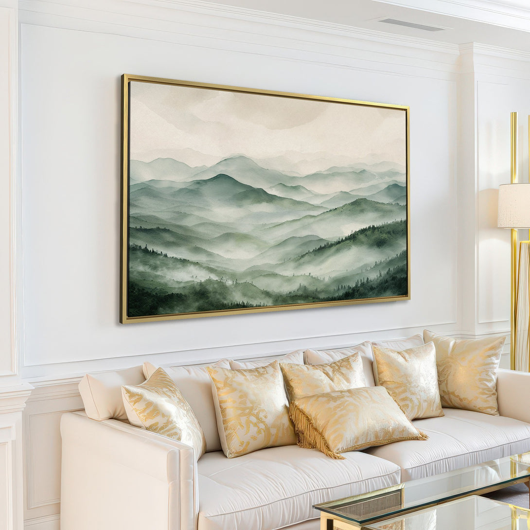 Canvas Print of a serene watercolor mountain landscape in muted green and gray tones, perfect for adding a calming touch to any space.