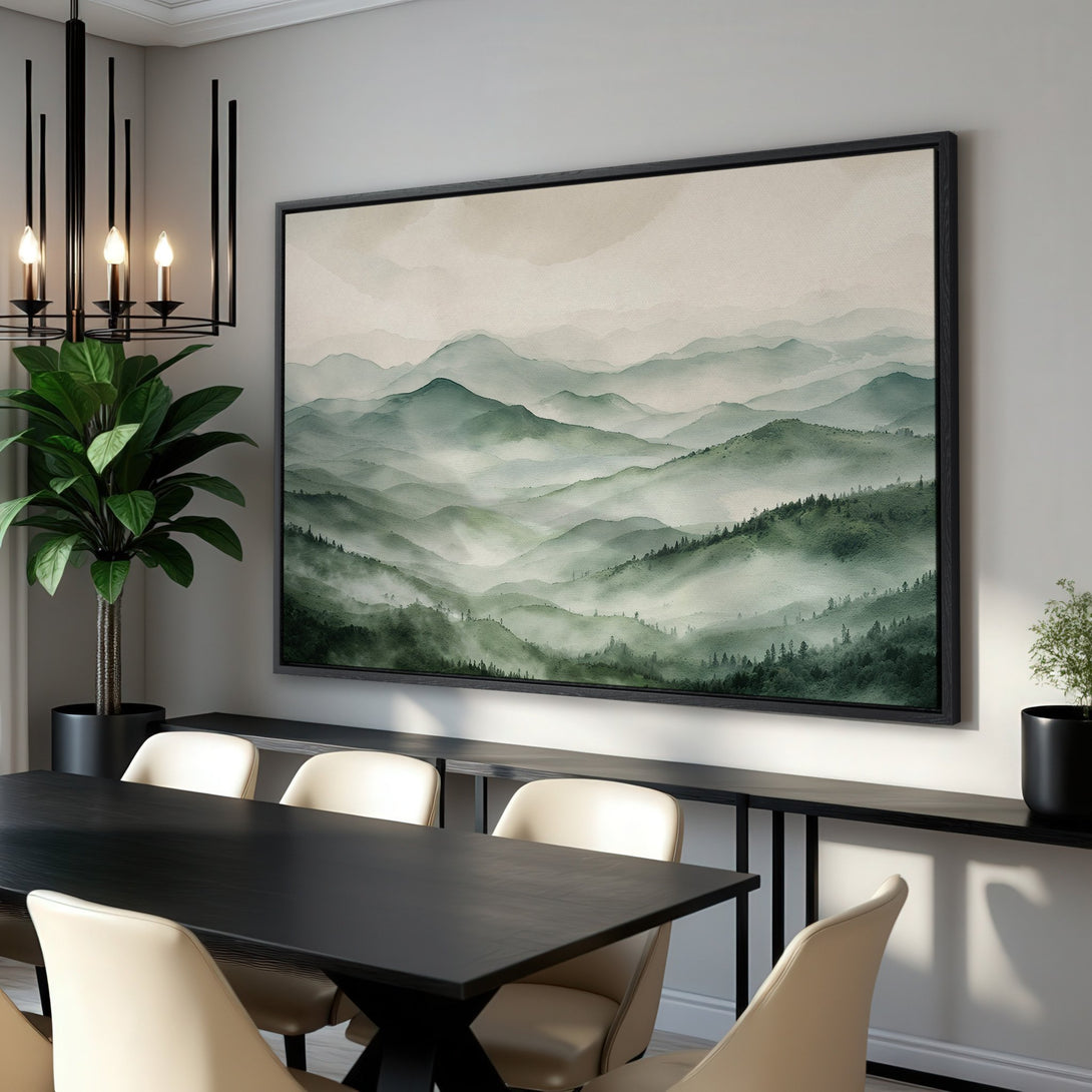 Framed Wall Art: Serene watercolor mountain landscape in green and beige tones. Perfect for adding a touch of nature and tranquility to your home decor.