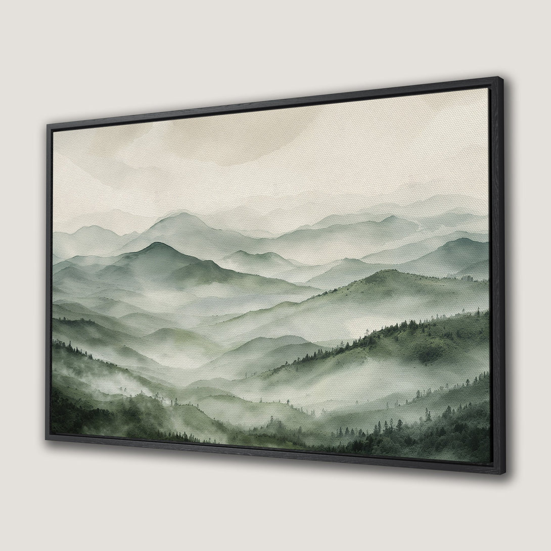 Framed Wall Art of a misty mountain landscape in a watercolor style with a calming green and neutral color palette. Bring nature indoors!