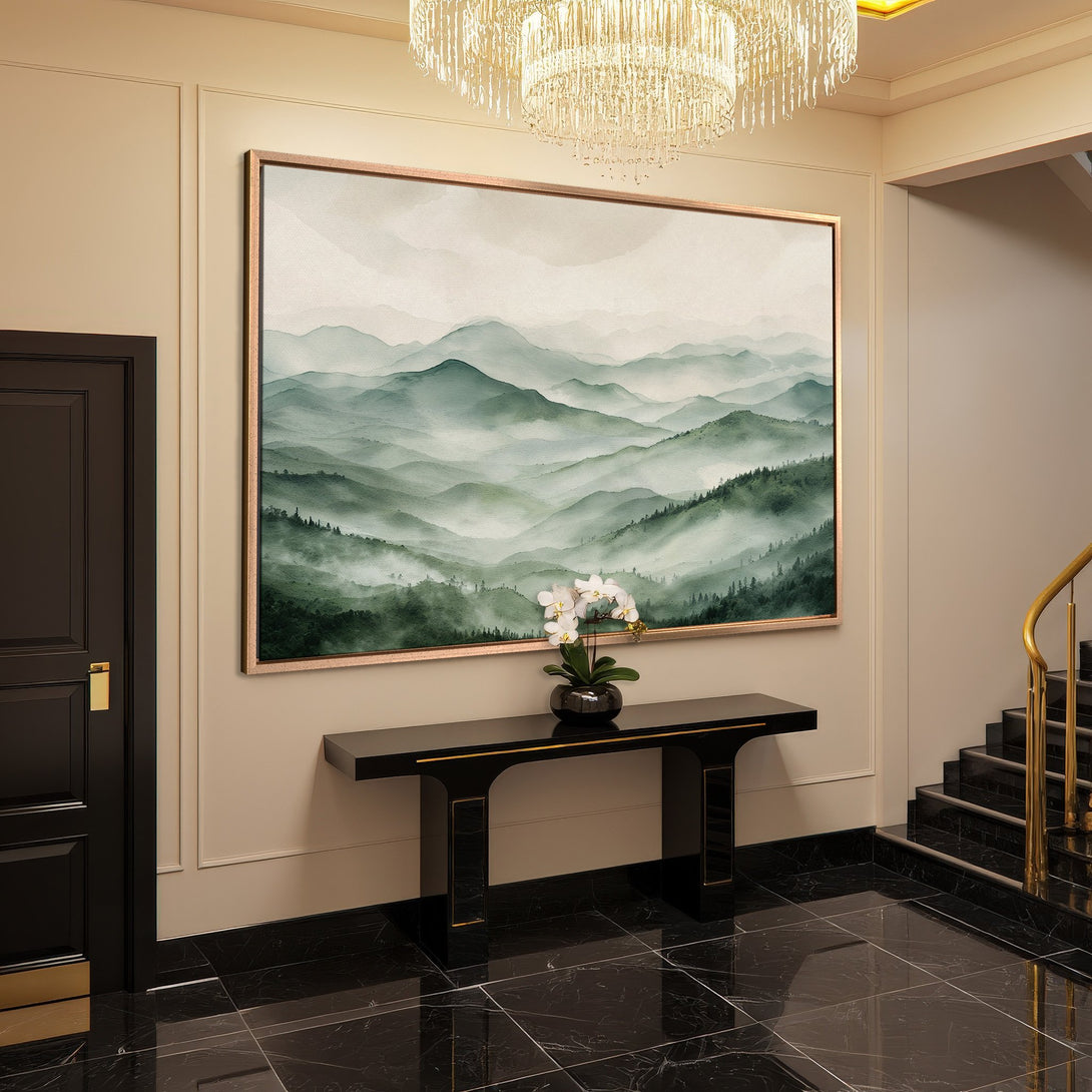 Framed Wall Art of misty green mountains. Watercolor style Canvas Print adds serene elegance to any interior. Shop now!