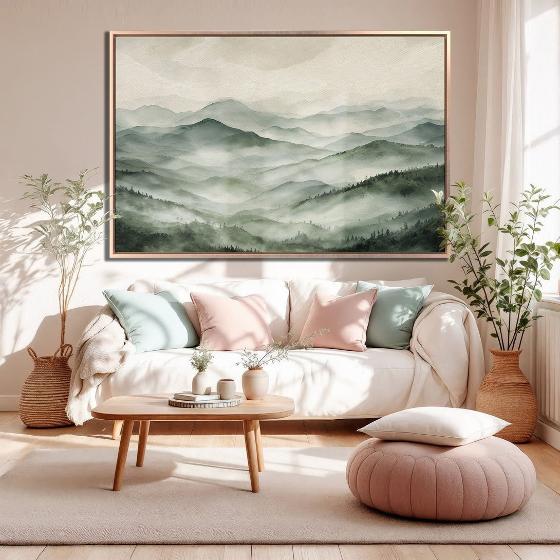 Framed Wall Art: Serene watercolor mountain landscape in green and gray tones. Perfect for adding a touch of nature to your home decor.