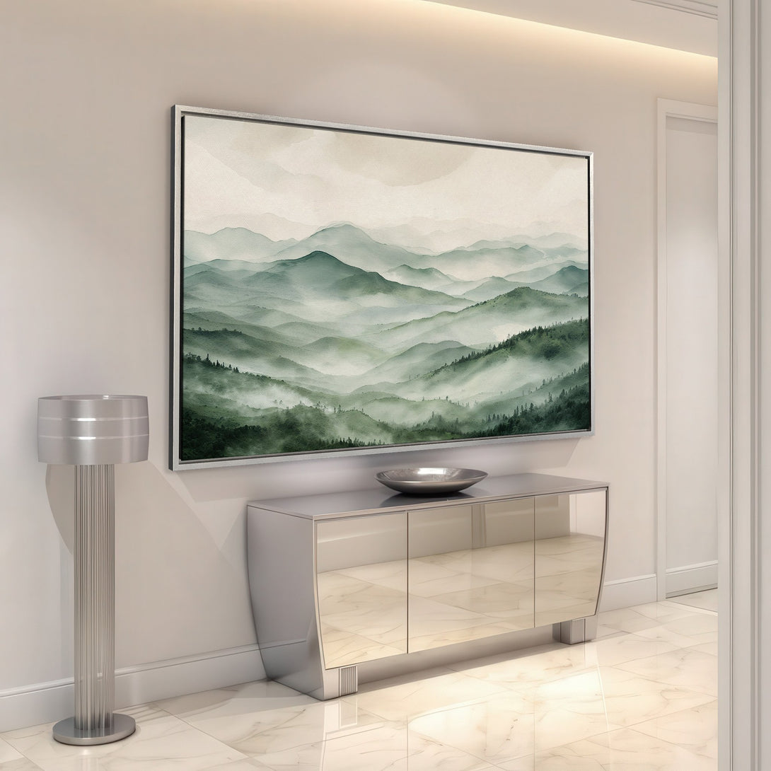 Framed Wall Art: Serene mountain landscape Canvas Print in calming green and neutral tones. Enhance your home decor with this stunning artwork.