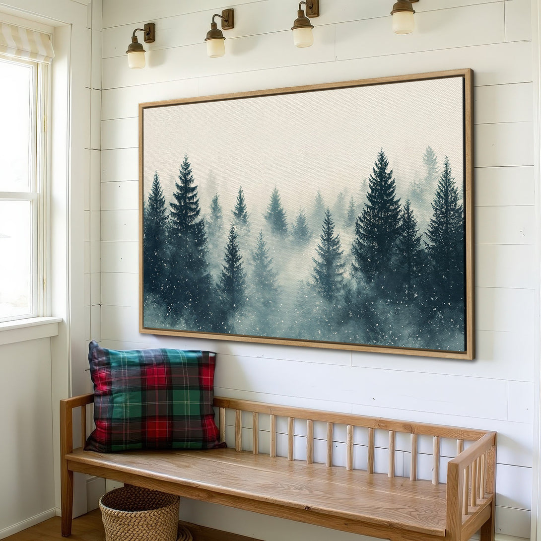 Framed Wall Art: Misty forest scene in teal and beige. Rustic style canvas print adds a serene touch to any space. Shop now!