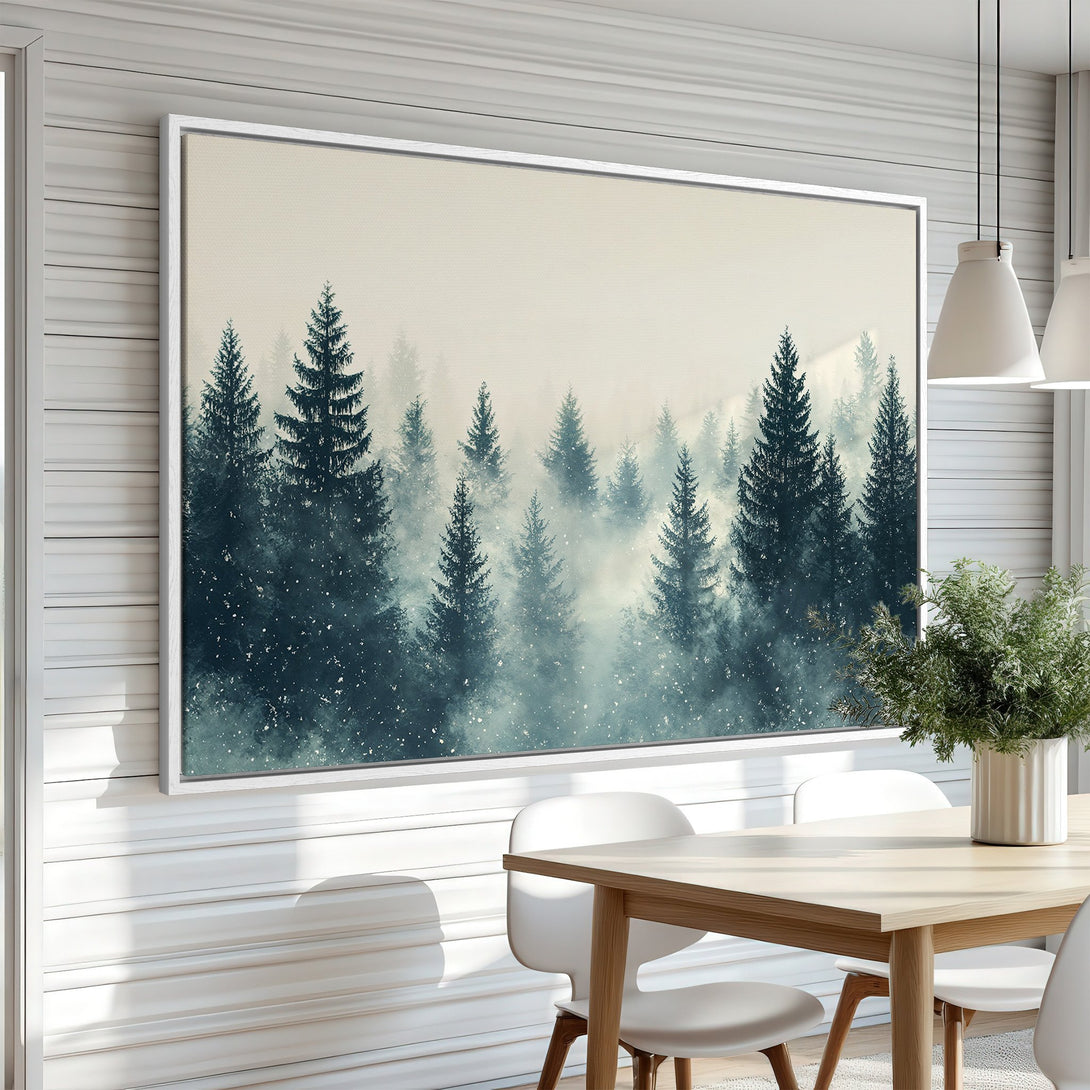 Framed Wall Art: Serene forest scene in teal and cream tones. Modern canvas print adds a touch of nature and tranquility to any space. Shop now!