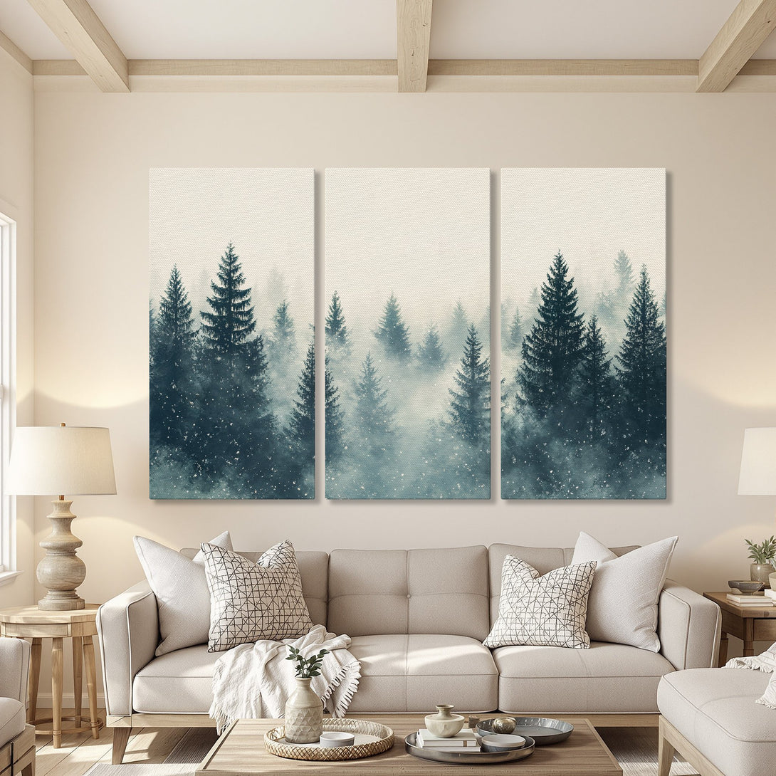 Canvas Print of a misty forest scene in teal and white. Modern wall art for a serene living room.