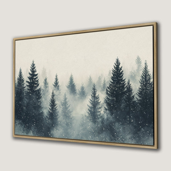 Framed Wall Art of a misty forest scene. Moody, minimalist style with a cool blue and muted neutral color palette. Perfect for adding a touch of nature to your home.