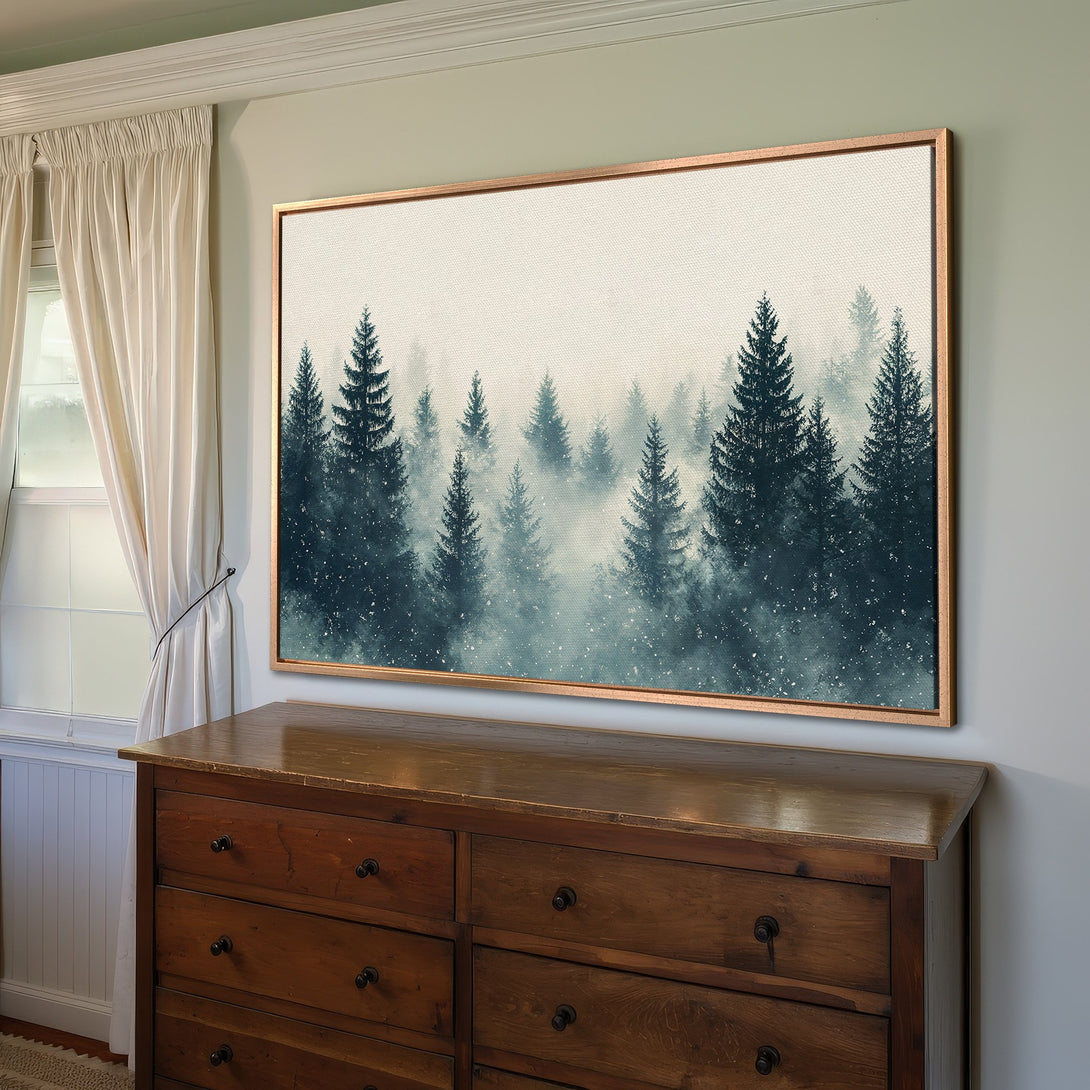 Framed Wall Art: Serene forest scene canvas print in teal and beige tones. Perfect for adding a touch of nature-inspired tranquility to your home decor.
