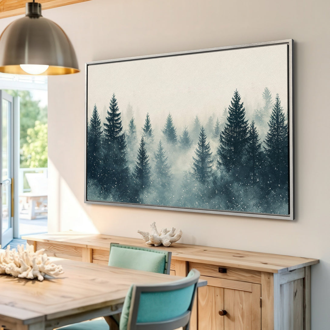 Framed Wall Art: Misty forest Canvas Print in cool teal and beige tones. Modern landscape art perfect for home decor.
