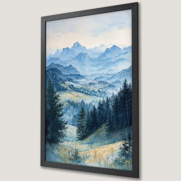 Framed Poster: Watercolor landscape art print of mountains and forest in blue and green hues. Perfect wall decor.