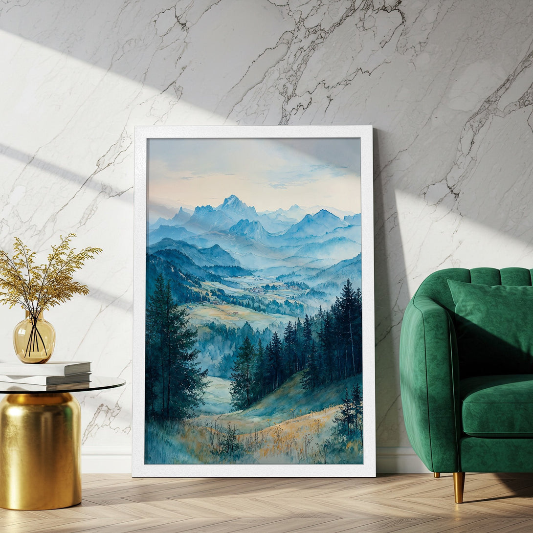 Framed Poster of a serene mountain landscape in watercolor style, featuring a calming blue and green color palette. Perfect wall art!