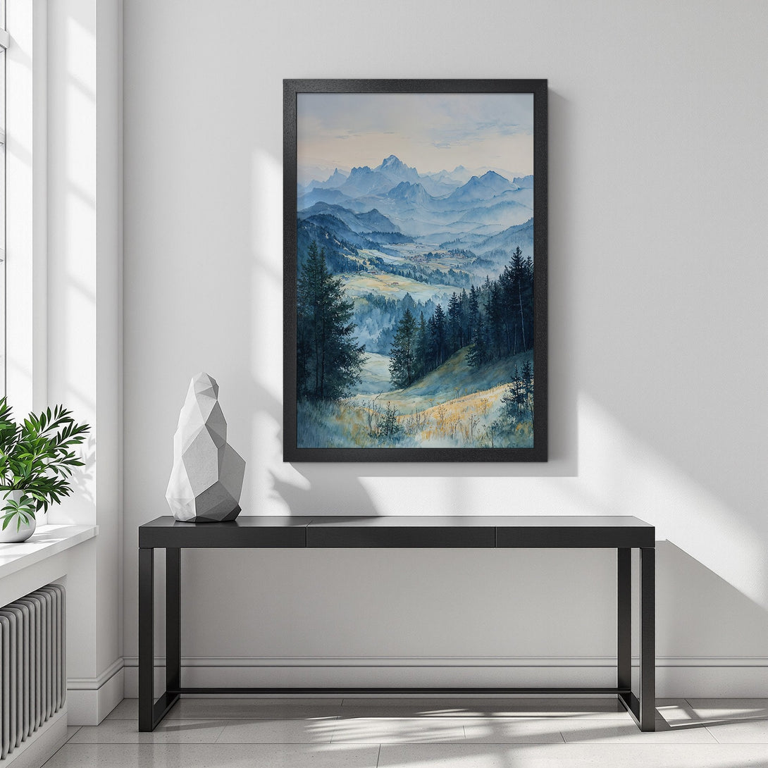 Framed Poster of a serene mountain landscape in watercolor style. Blue and green color palette, perfect for home decor.