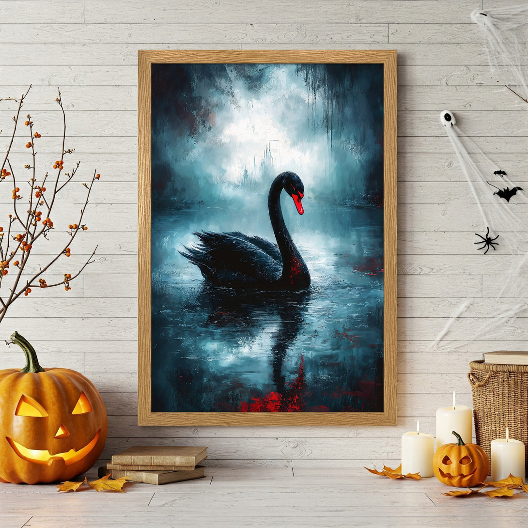 Framed Poster featuring a black swan in a dark, moody style with a teal and red color palette. Perfect Halloween decor!