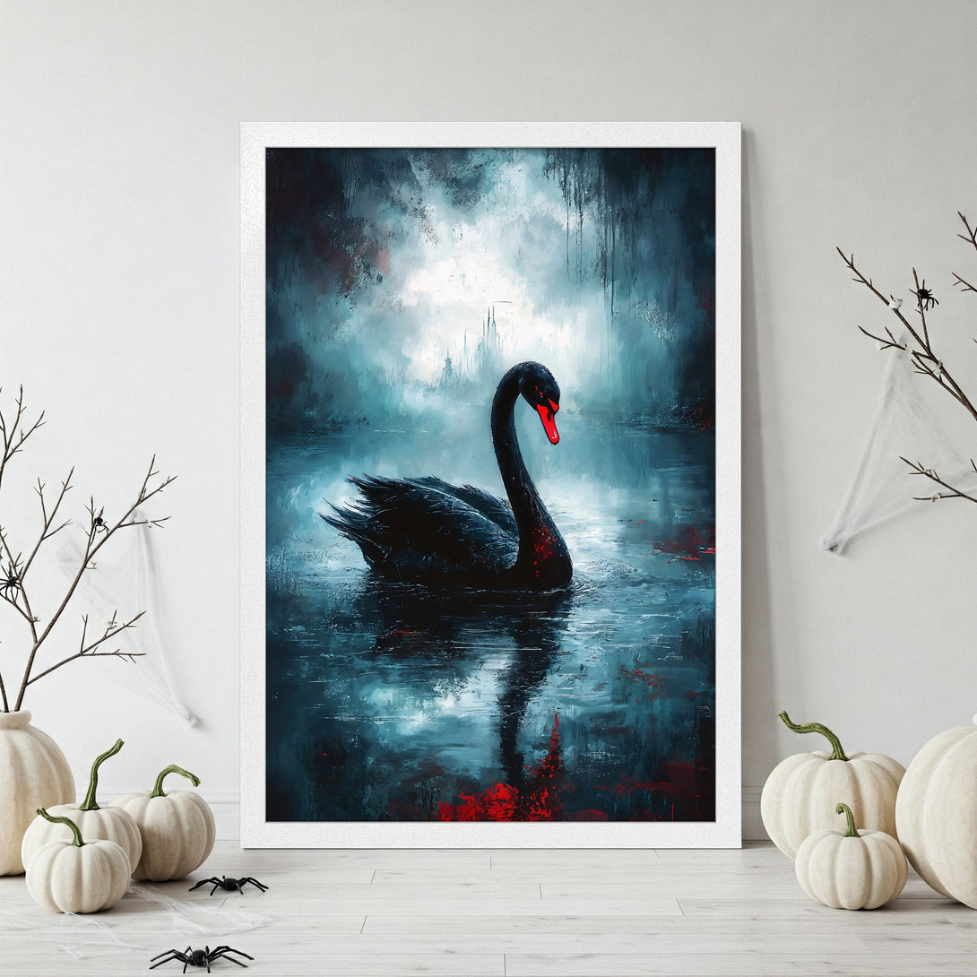 Framed Poster featuring a black swan in a dark, moody abstract style with a teal and red color palette. Perfect wall art.