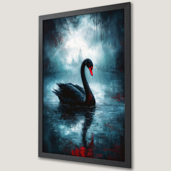 Framed Poster featuring a black swan in a moody, abstract style. Dark teal and red color palette creates a dramatic, artistic vibe.
