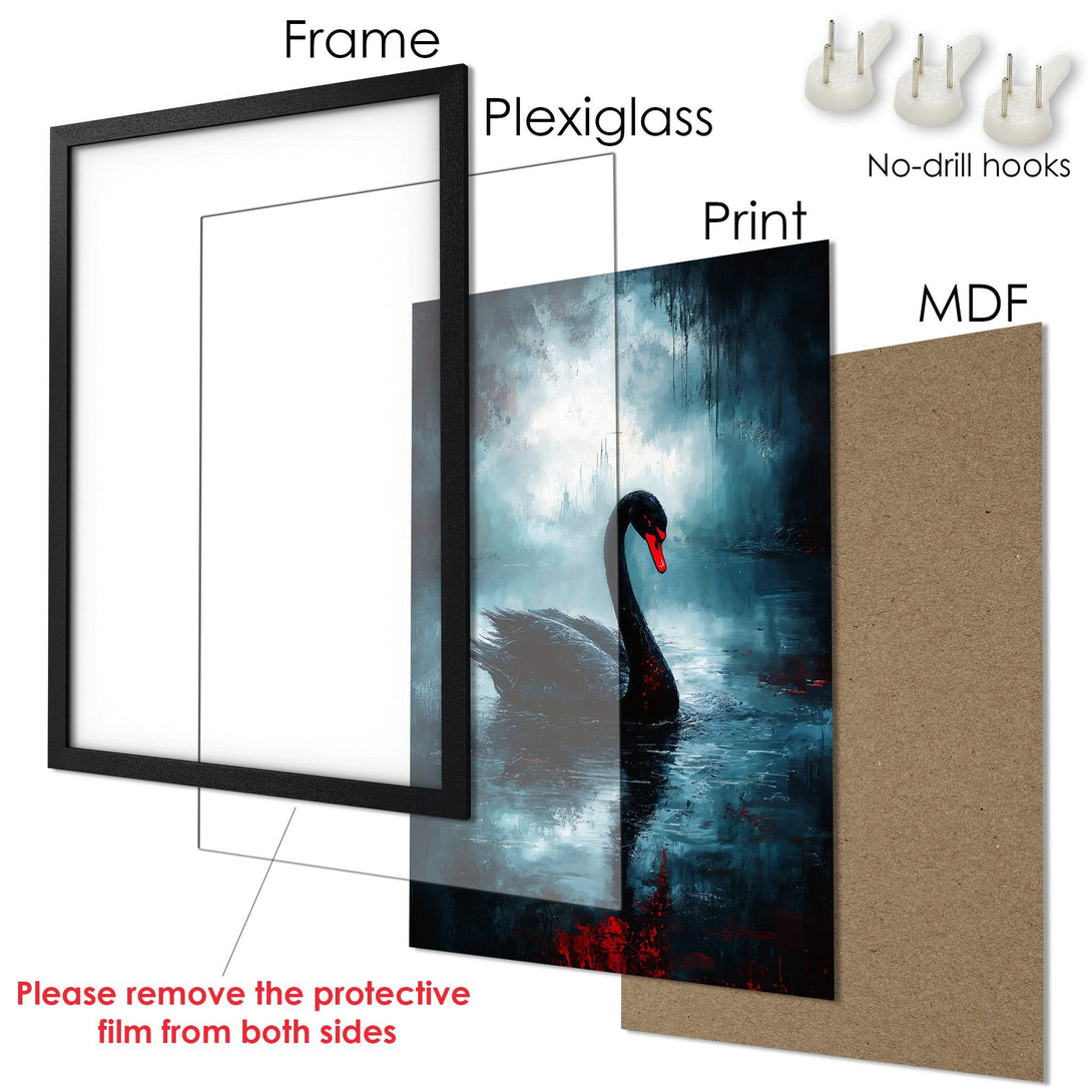 Framed Poster featuring a black swan in a moody, abstract style with a blue and red color palette. Perfect art for your home!