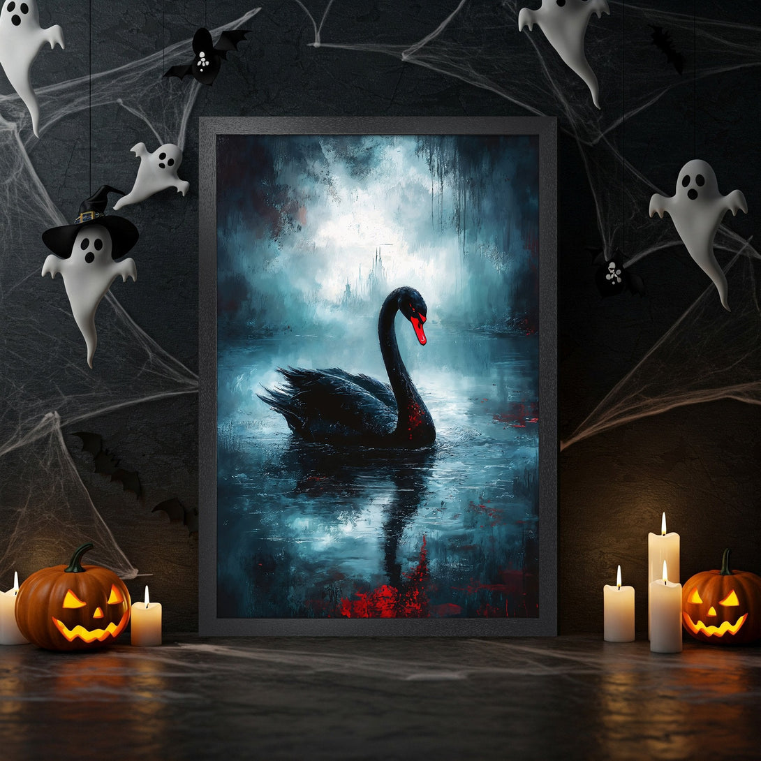 Framed Poster featuring a black swan in a dark, moody style. Dark blue and red color palette, perfect for Halloween decor.