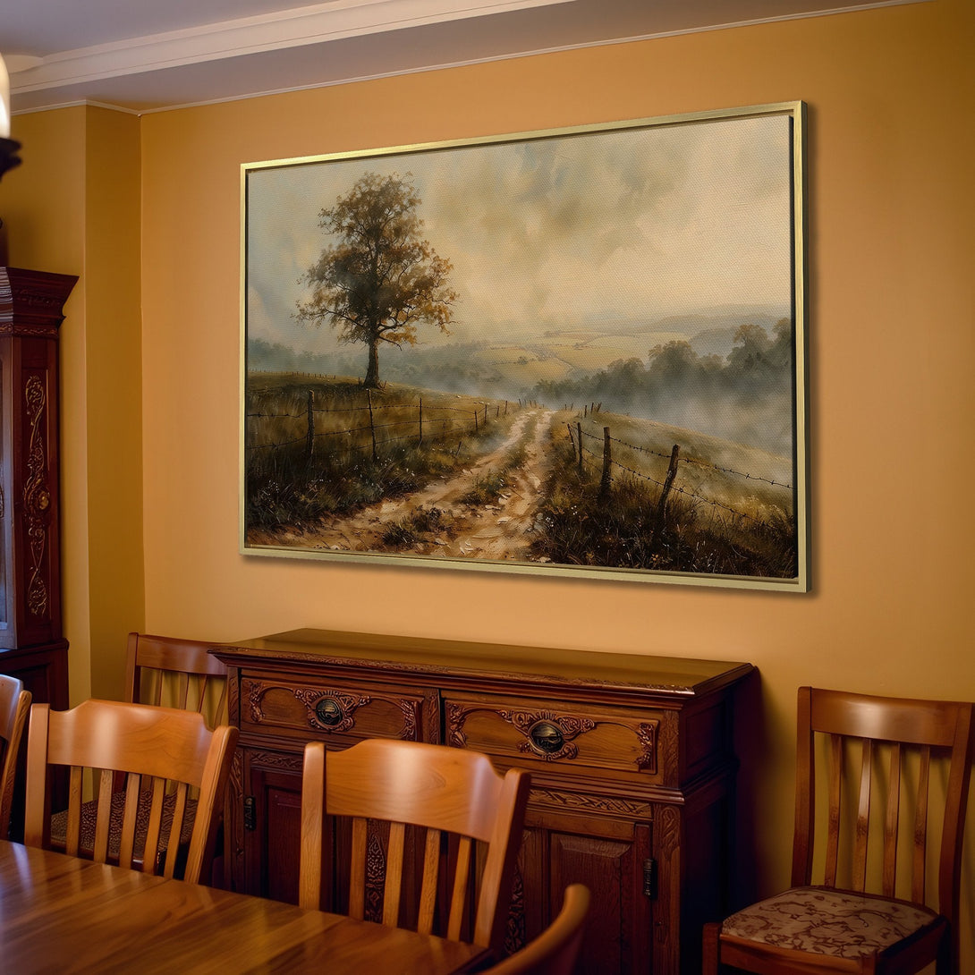 Canvas Print of a serene landscape painting featuring a dirt road and tree, with a warm, neutral color palette, perfect for living room decor.