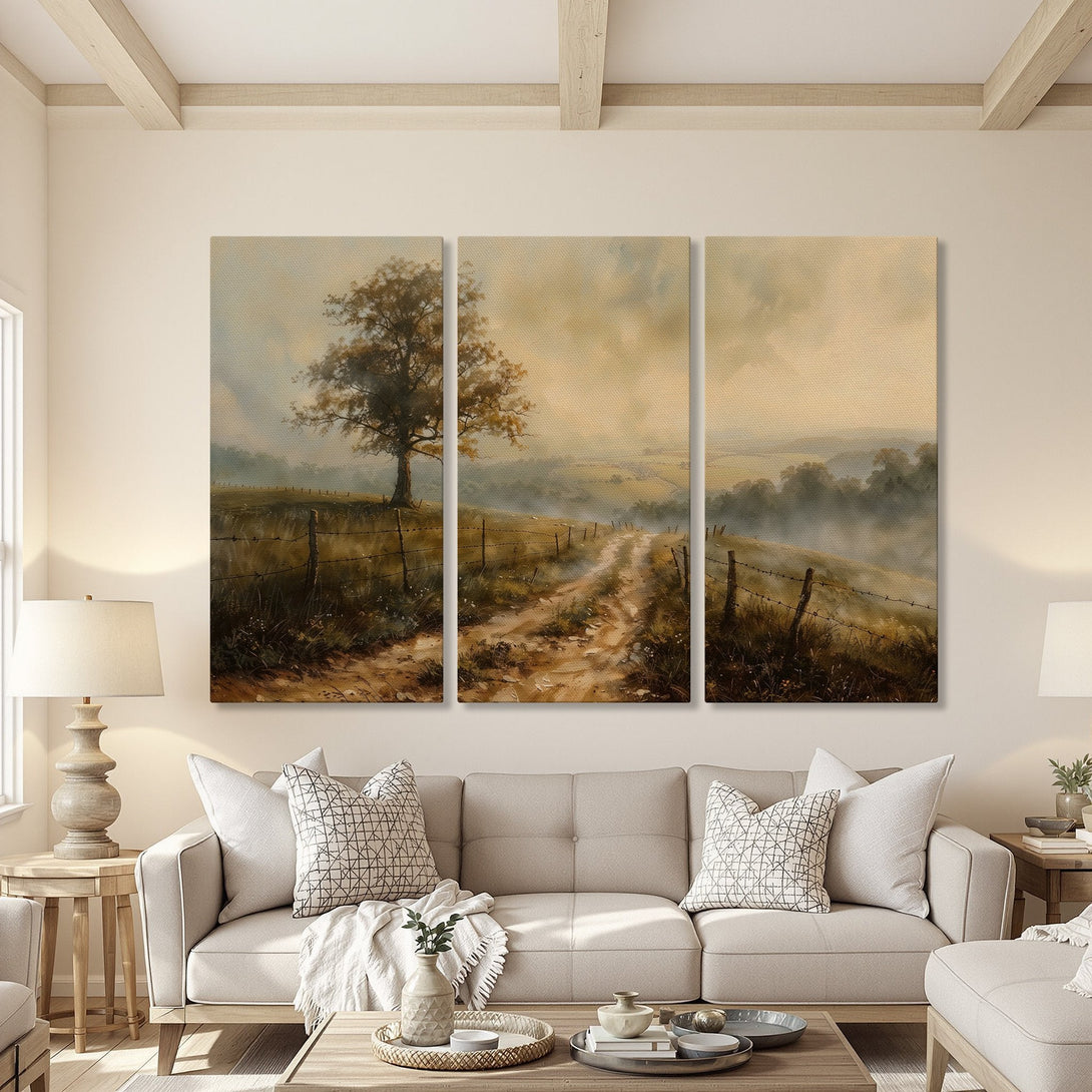 Canvas Print of a serene landscape painting in warm, earthy tones. Rustic style wall art featuring a tree and a dirt road. Perfect for home decor.