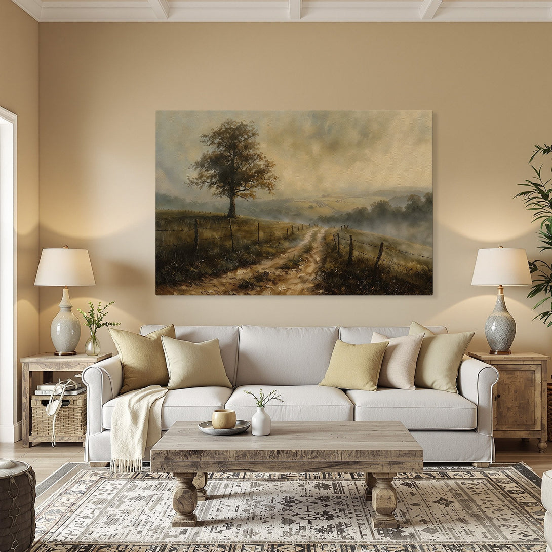 Framed Wall Art: Landscape Canvas Print in warm tones. Rustic style painting of a dirt road, tree, and fence. Perfect for home decor.