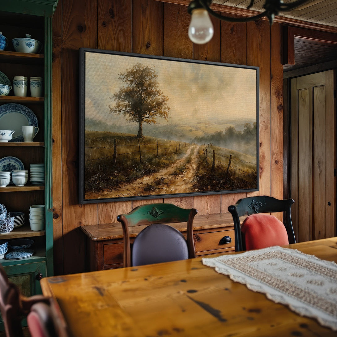 Framed Wall Art: Landscape Canvas Print with tree and dirt road. Earthy tones of brown, beige, and green. Perfect rustic decor for your home.
