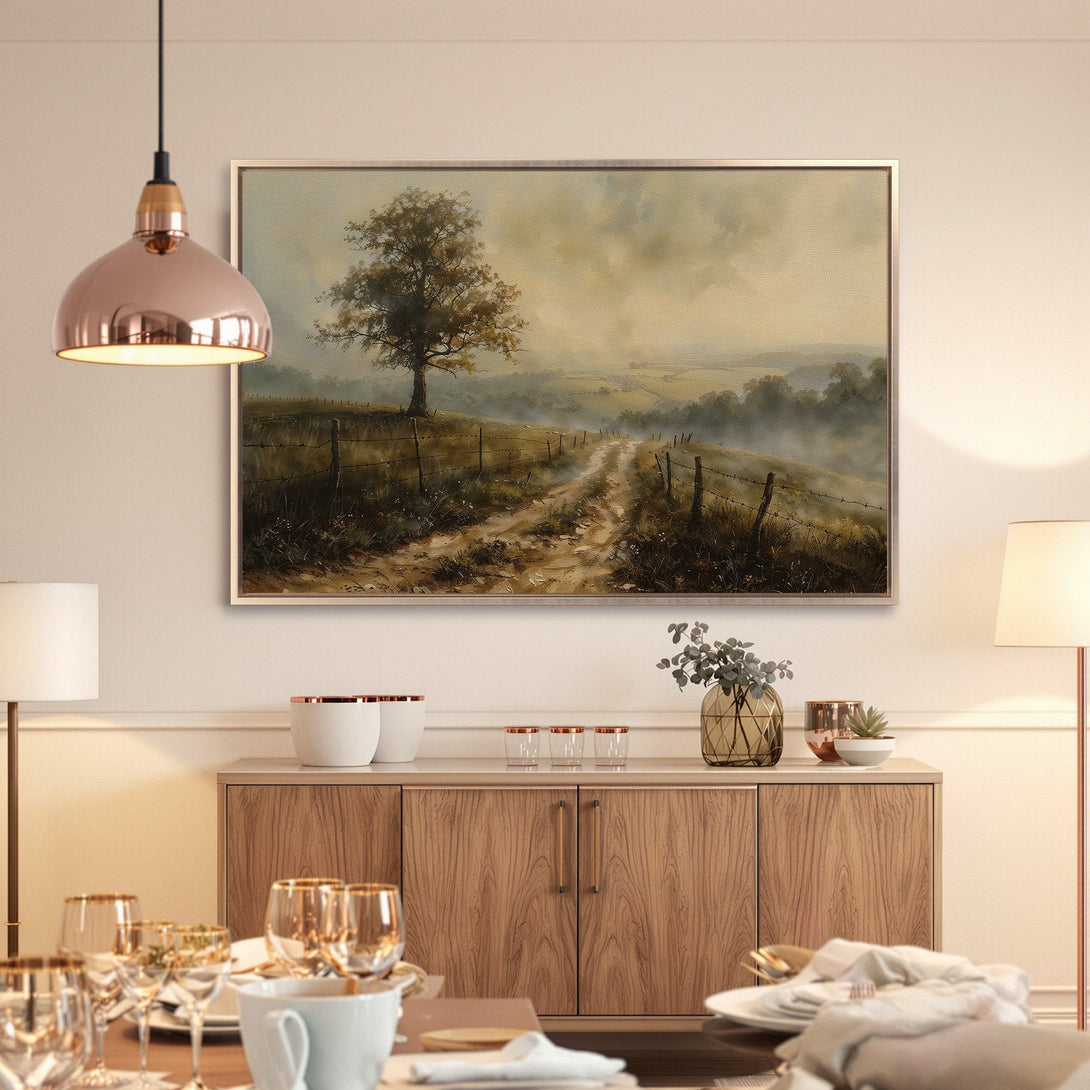 Framed Wall Art featuring a serene landscape painting with a dirt road and tree, in warm earthy tones. Perfect for adding a touch of nature to your home.