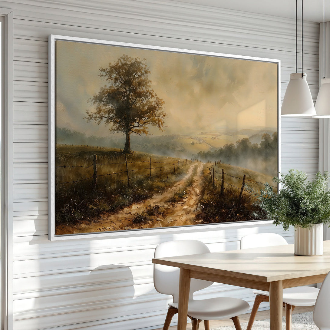 Framed Wall Art: Landscape Canvas Print with a serene country road scene in warm earth tones. Perfect for adding rustic charm to your home decor.