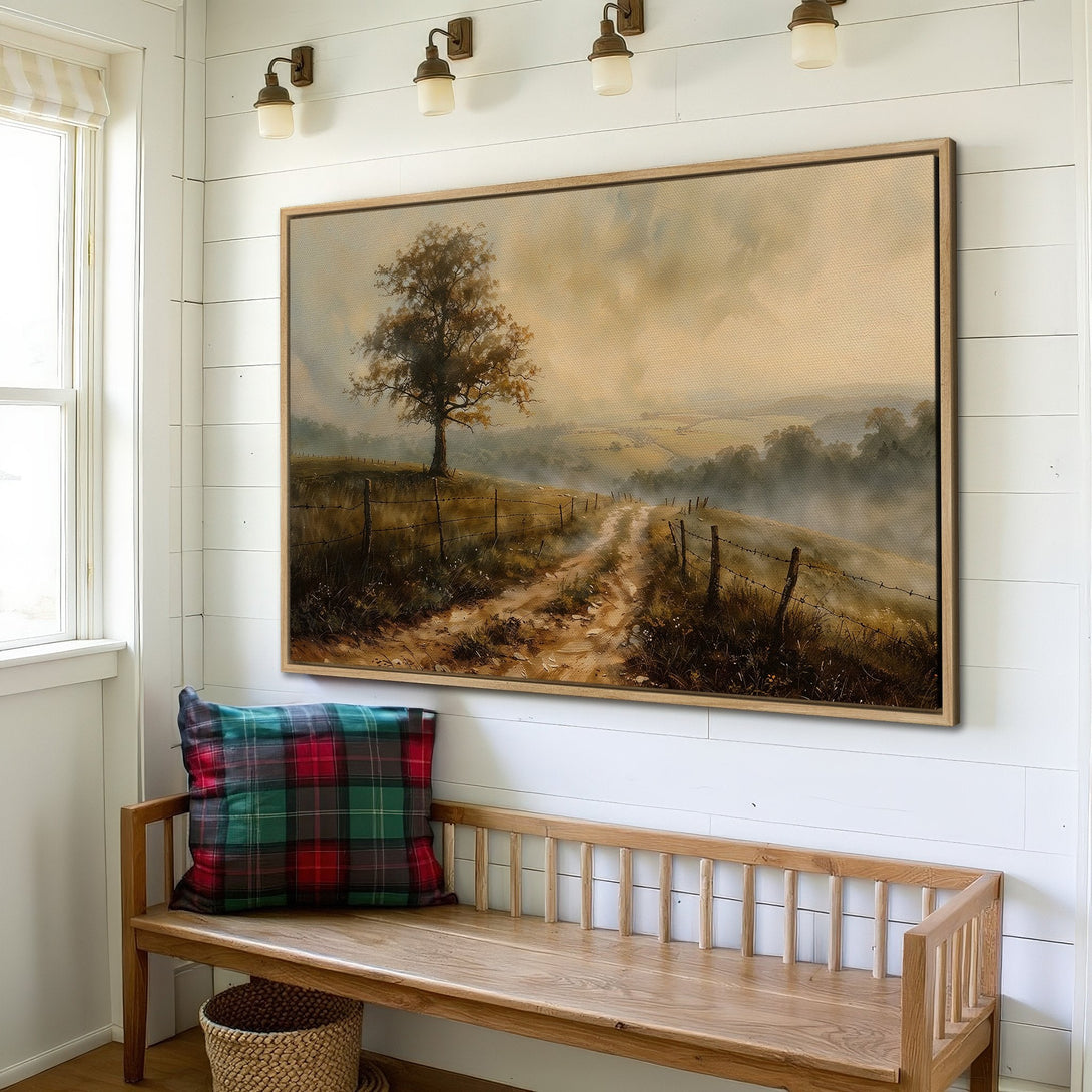 Framed Wall Art: Landscape Canvas Print in warm, earthy tones. Rustic countryside scene with a dirt road, tree, and fence. Perfect for farmhouse decor.