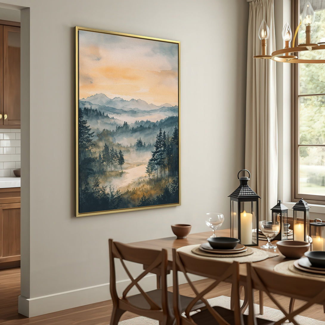 Canvas Print of a serene watercolor landscape, featuring misty mountains and trees. Earthy tones create a calming, natural aesthetic.